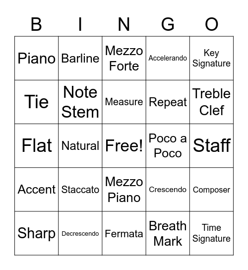 Music Vocabulary Bingo Card