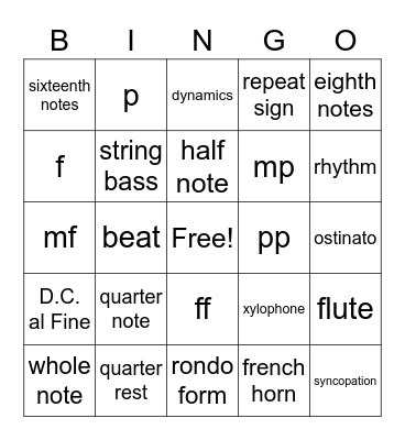 5th Grade Music Party Bingo Card
