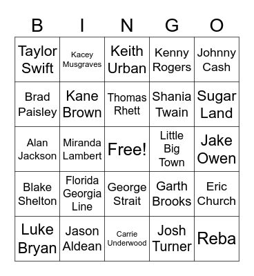 Country Singers Bingo Card