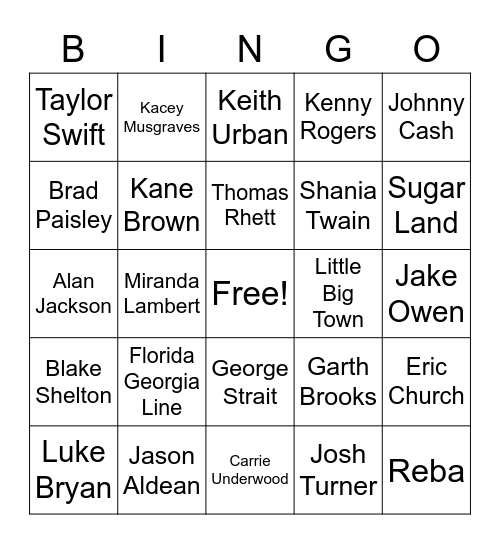 Country Singers Bingo Card