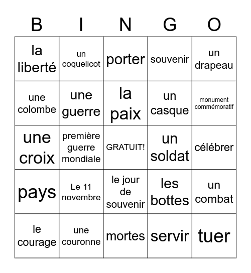 Le jour du souvenir Bingo Card