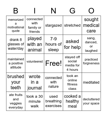 Self-Care (Mind, Body, Spirit, & Emotional) Bingo Card