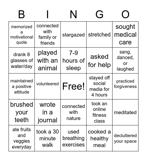 Self-Care (Mind, Body, Spirit, & Emotional) Bingo Card