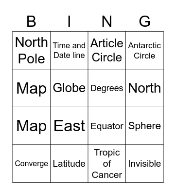 Map Skills: Latitude and Longitude Bingo Card