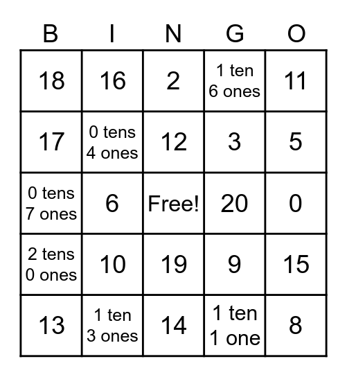Numbers to 20 Bingo Card