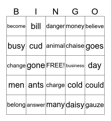 Sight Word Bingo Card