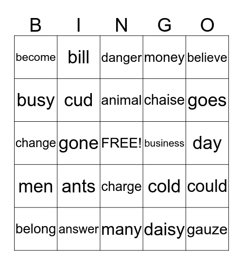 Sight Word Bingo Card
