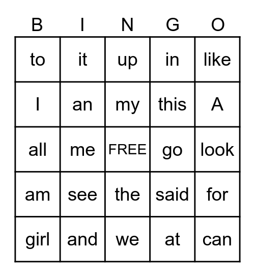 Sight Word BINGO Card