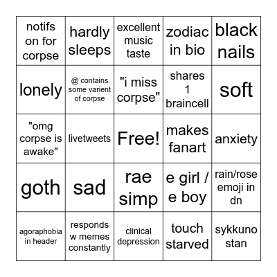 Corpse Twt Bingo Card