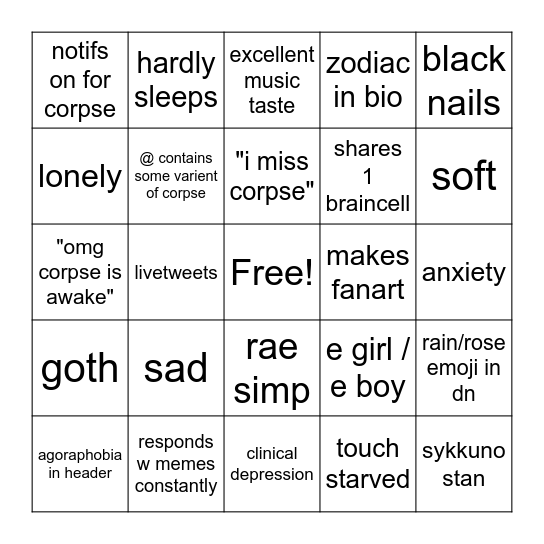 Corpse Twt Bingo Card