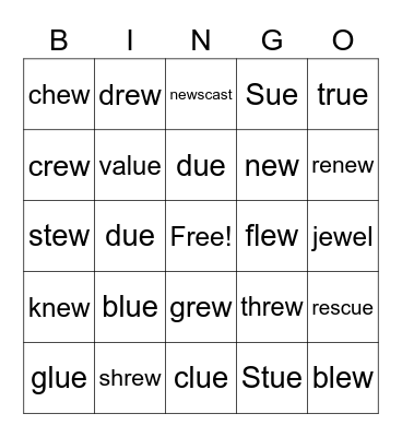 ue, ew words Bingo Card