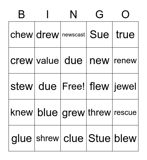 ue, ew words Bingo Card