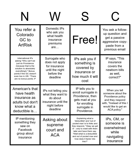 Insurance Bingo Card