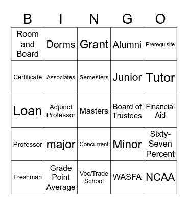 College Bingo Card