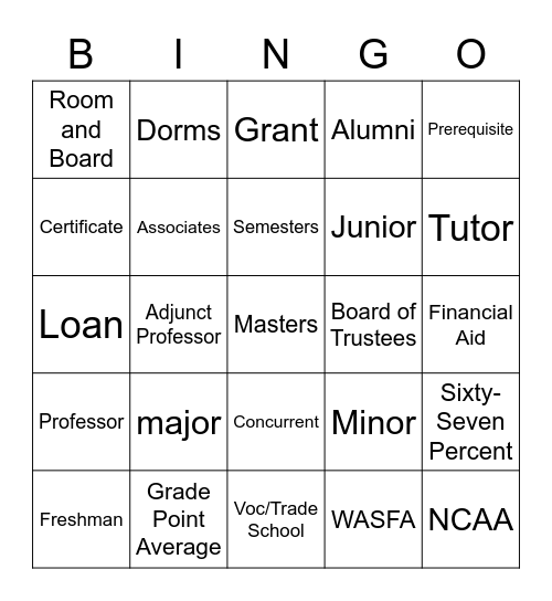 College Bingo Card