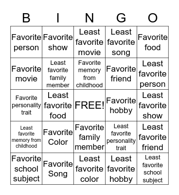 Favorites Bingo Card