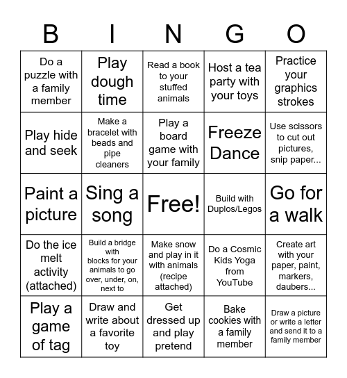 December Activities Bingo Card