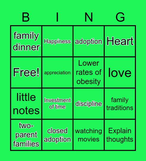 Strong Family Bingo Card