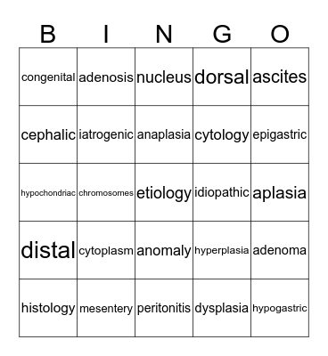 Digestive System Bingo Card