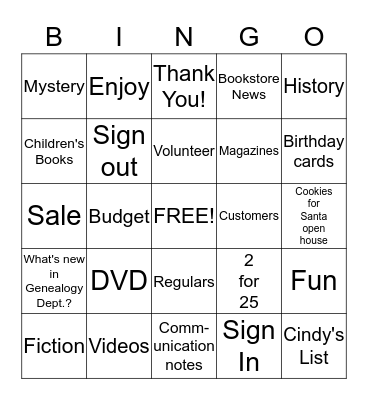 "Friends" Volunteer Library Bingo Card