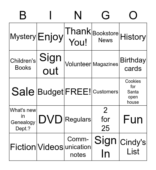 "Friends" Volunteer Library Bingo Card
