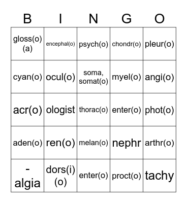 Medical Terminology Bingo Card