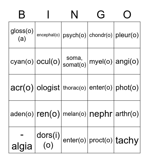 Medical Terminology Bingo Card