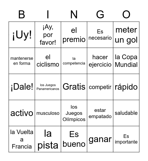 Spanish 2 2.1 Vocab Bingo Card