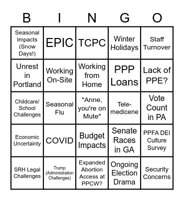 Things that May be Coming for PPCW Bingo Card
