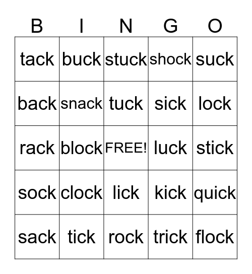 Word Families- ack, uck, ick,ock Bingo Card