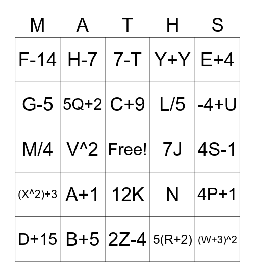 Algebreic Phrases Bingo Card