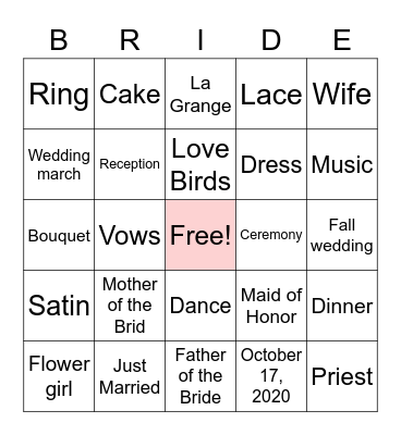 Bride Bingo Card