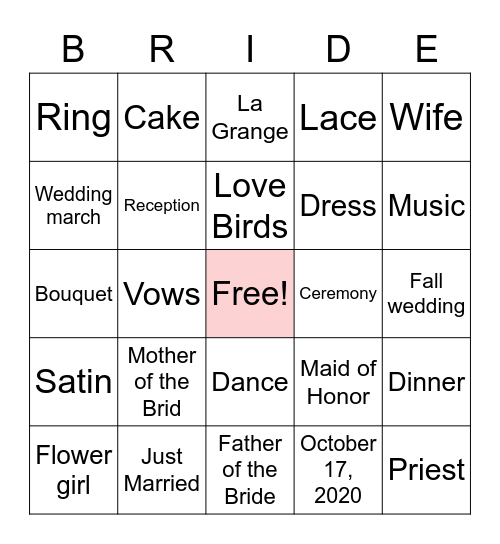 Bride Bingo Card