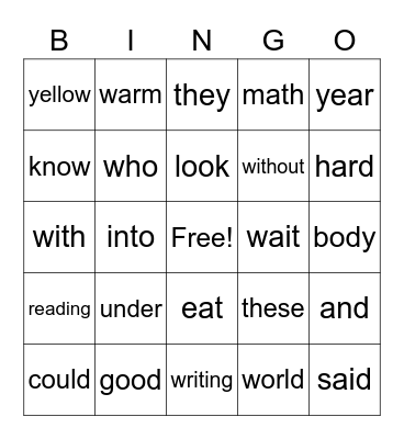 High Frequency words Bingo Card