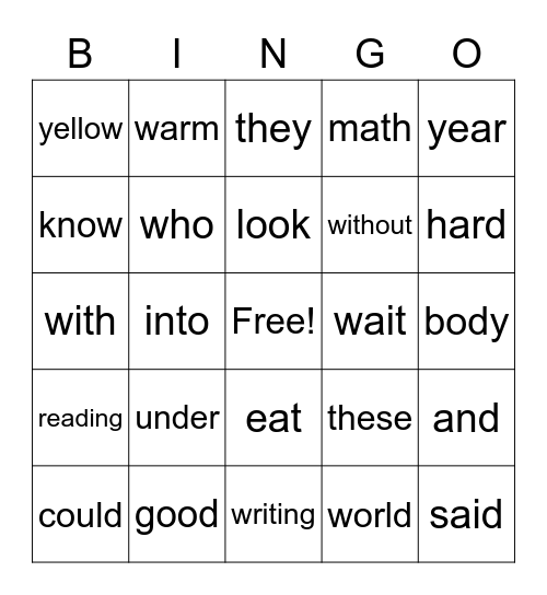 High Frequency words Bingo Card