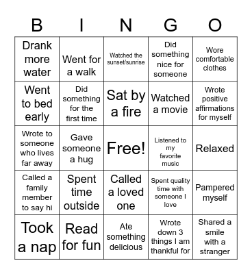 New Year Self-Care Bingo Card