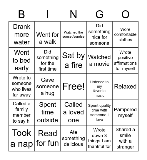 New Year Self-Care Bingo Card