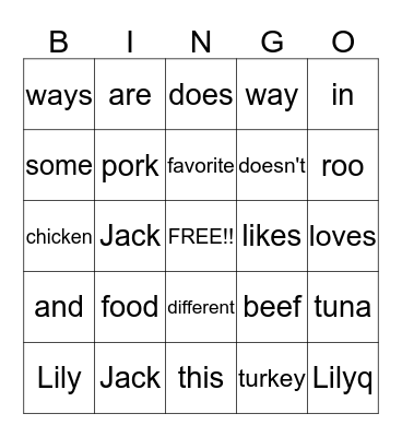 Jack and Lily's Favorite Food Bingo Card