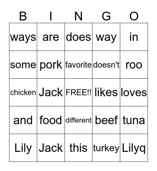 Jack and Lily's Favorite Food Bingo Card