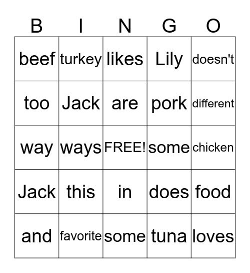 Jack and Lily's Favorite Food Bingo Card