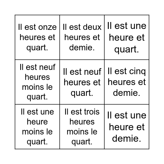 Loto 1hv2: les heures Bingo Card