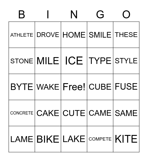 V-C-E Bingo Card