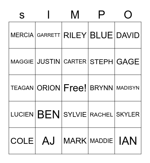 SIMP-O Bingo Card