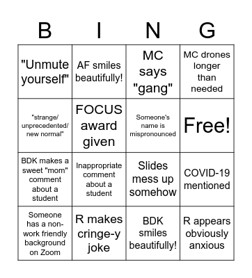 Fall Social November 2020 Bingo Card