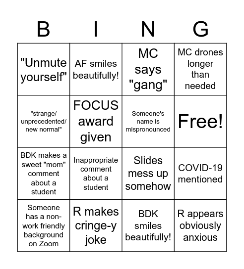 Fall Social November 2020 Bingo Card