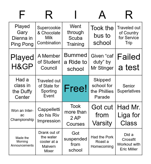 Friar Bingo Card