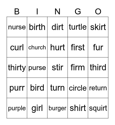 ir and ur sounds Bingo Card