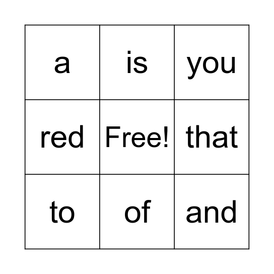 Sight Word Bingo Card