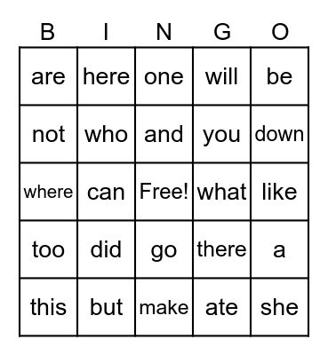 Sight Words Bingo Card
