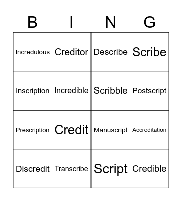 Vocabulary Bingo Card